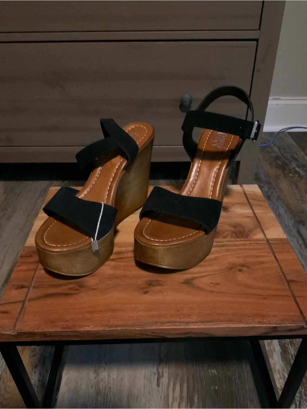 Black Suede Platform Wedge Sandals with Wood-Look Heel (NWOB) size 39